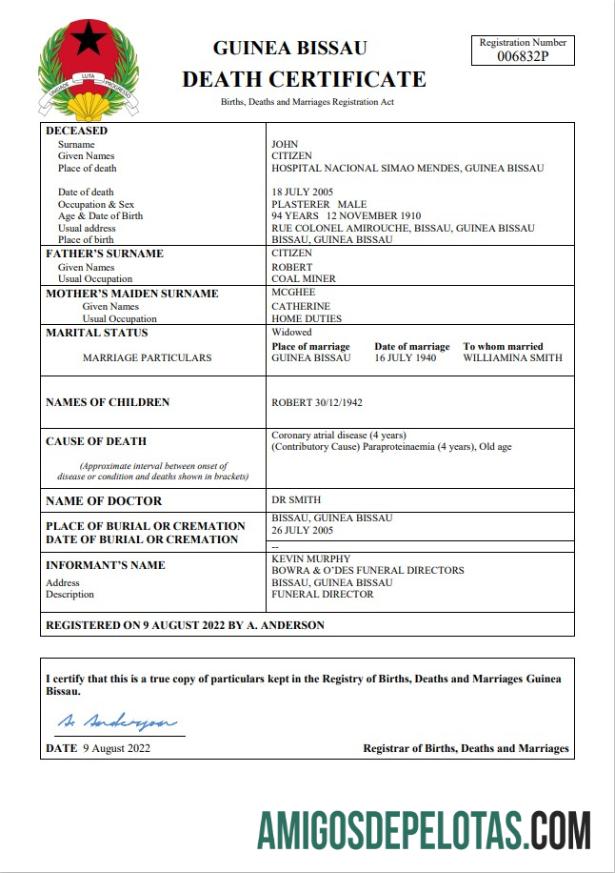 Certidão de Óbito de Guiné Bissau exemplo real